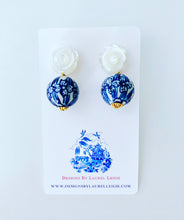 Load image into Gallery viewer, Chinoiserie Orchid &amp; Pearl Rose Earrings - Chinoiserie jewelry