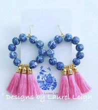 Load image into Gallery viewer, Chinoiserie Beaded Tassel Hoop Earrings - Light Pink or Hot Pink - Designs by Laurel Leigh