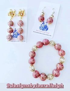 Gold & Pink Chinoiserie Triple Drop Earrings - Chinoiserie jewelry