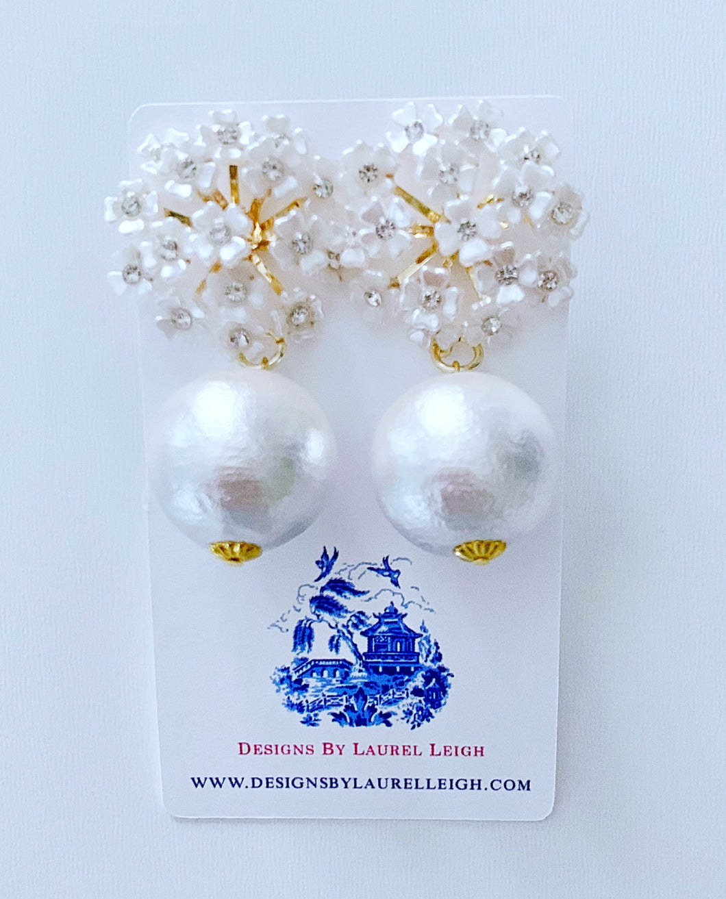 White Pearl Hydrangea Blossom Earrings - Chinoiserie jewelry