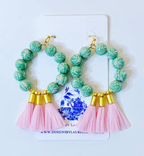 Load image into Gallery viewer, Chinoiserie Beaded Tassel Hoop Earrings - Light Pink &amp; Green - Ginger jar