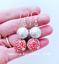 Load image into Gallery viewer, Chinoiserie Cotton Pearl Drop Earrings - Red Peony - Ginger jar
