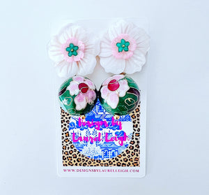 Pink & Green Cloisonné Floral Pearl Earrings - Chinoiserie jewelry
