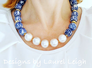 Chunky Blue and White Chinoiserie Jumbo Pearl Floral Statement Necklace - Ginger jar