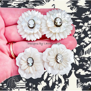 White & Silver Cameo Pearl Flower Studs - Chinoiserie jewelry