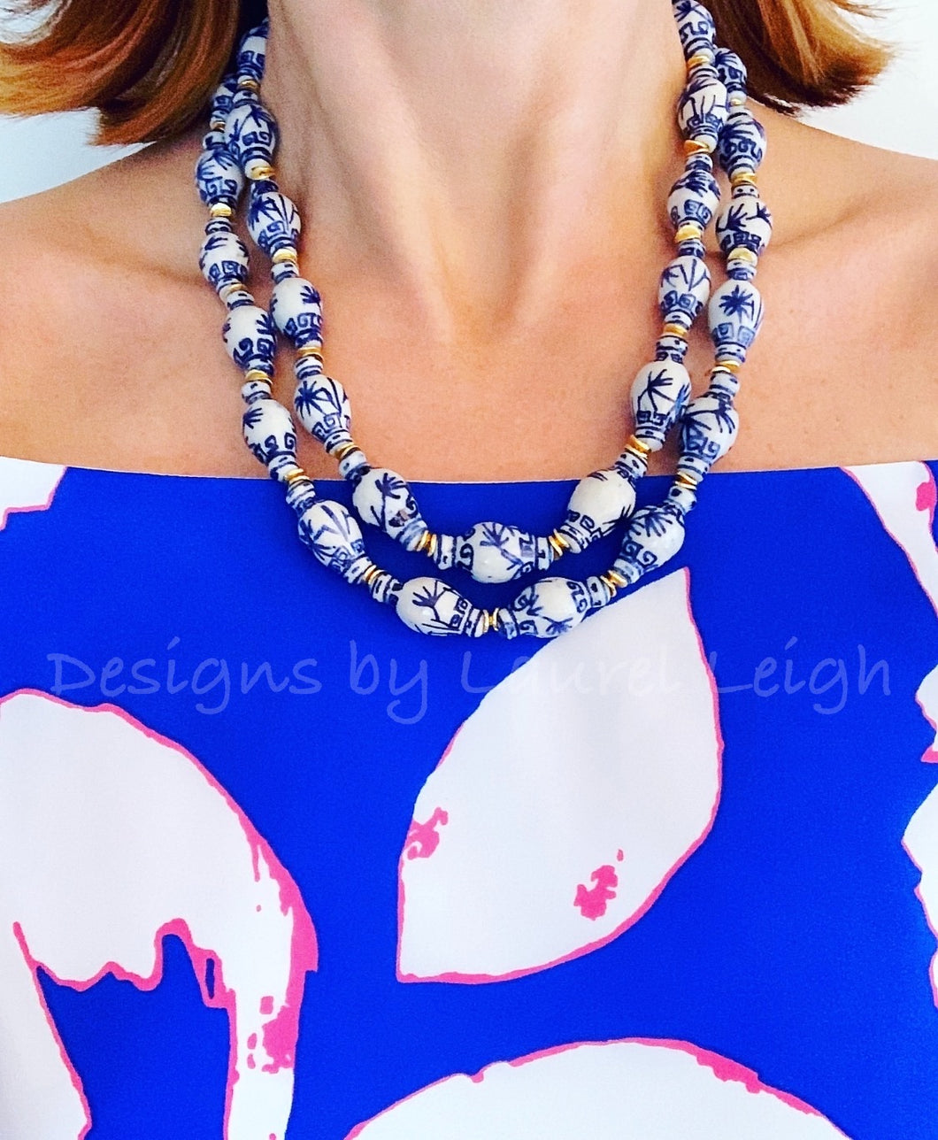 Chunky Blue & White Double Strand Statement Necklace - Ginger Jar Beads - Ginger jar