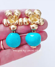 Load image into Gallery viewer, Gold Floral Turquoise Nugget Earrings - Chinoiserie jewelry