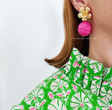 Load image into Gallery viewer, Pink Raffia Floral Drop Earrings - Chinoiserie jewelry