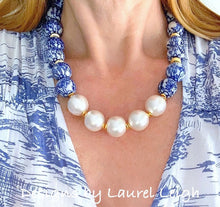 Load image into Gallery viewer, Chunky Blue and White Chinoiserie Jumbo Pearl Floral Statement Necklace - Ginger jar