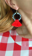 Load image into Gallery viewer, Black, White &amp; Red Beaded Gemstone Tassel Earrings - Ginger jar