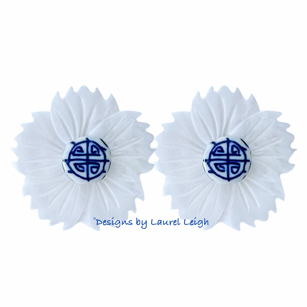 Chinoiserie Floral White Pearl Studs - Chinoiserie jewelry