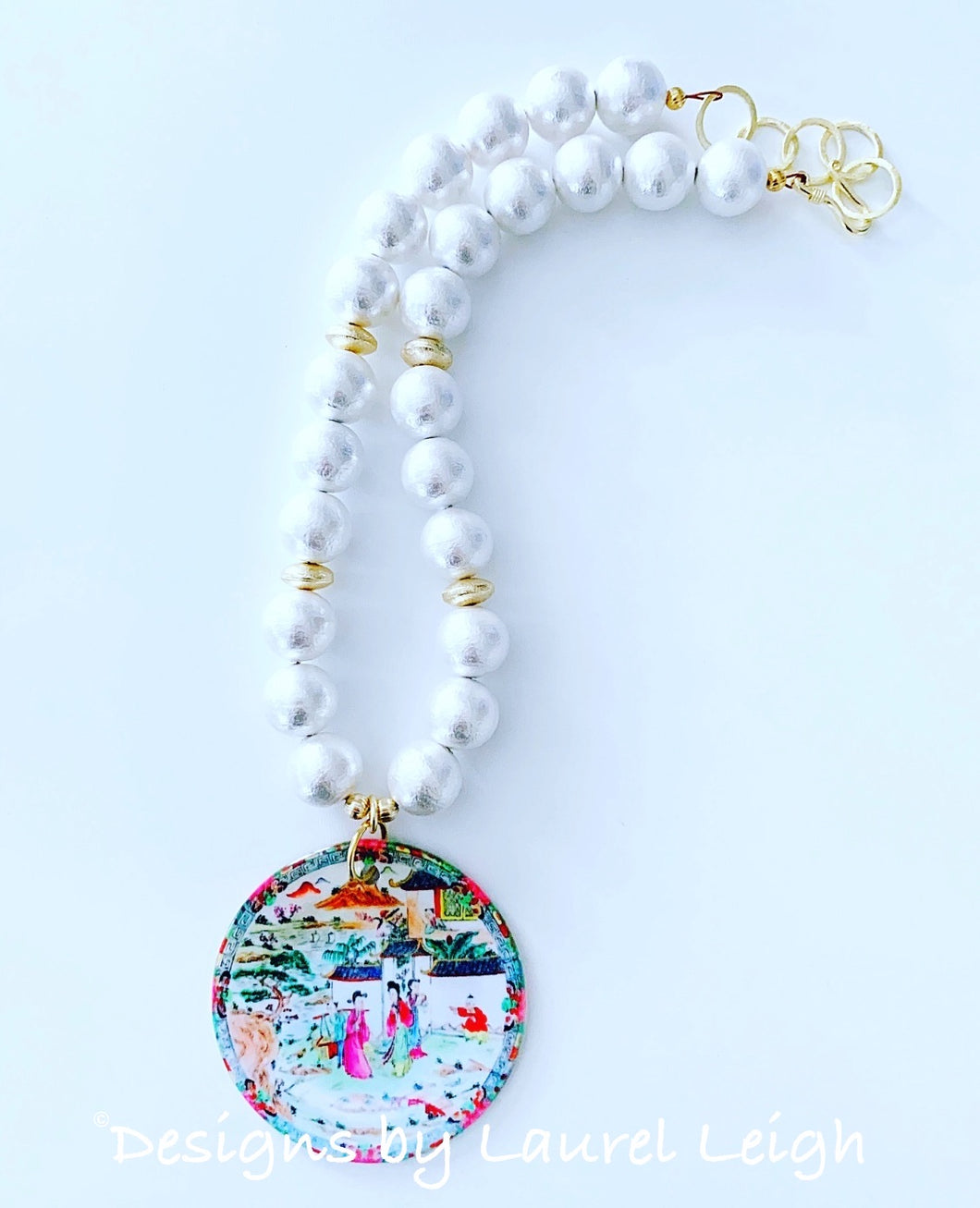 Chinoiserie Chic Pendant Necklace - White Chunky Pearls - Ginger jar