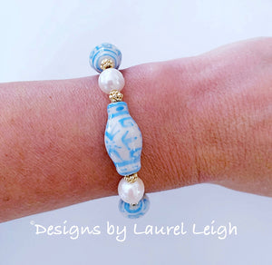 Wedgwood Blue Chinoiserie Ginger Jar Pearl Bracelet - Chinoiserie jewelry