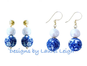 Chinoiserie Orchid & Pearl Drop Earrings - Chinoiserie jewelry
