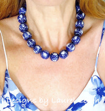 Load image into Gallery viewer, Blue and White Chunky Chinoiserie Double Happiness Statement Necklace - Adjustable Length - Ginger jar