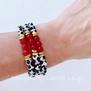 Dainty Red, Black, White & Gold Gemstone Beaded Bracelet - Single or Stack - Ginger jar