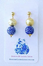 Load image into Gallery viewer, Blue, White and Gold Chinoiserie Longevity Drop Earrings - POSTS OR HOOKS - Ginger jar