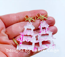 Load image into Gallery viewer, Chinoiserie Pagoda Bow Post Earrings (Small) - Blue Willow, Pink Willow &amp; Gingham - Ginger jar