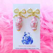 Load image into Gallery viewer, Peony Pink and White Chinoiserie Ginger Jar Bow Earrings - Ginger jar