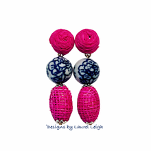 Load image into Gallery viewer, Pink Raffia Chinoiserie Drop Earrings - Chinoiserie jewelry