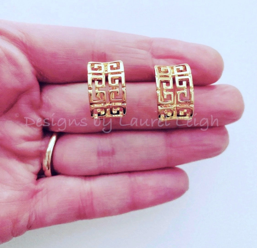 Chinoiserie Gold Greek Key Post Earrings - Designs by Laurel Leigh