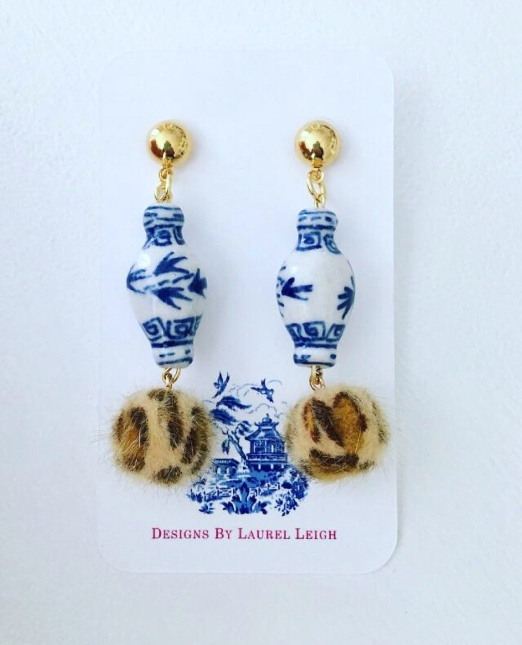 Chinoiserie FAUX Fur Leather Leopard Print Ginger Jar Statement Earrings - Designs by Laurel Leigh