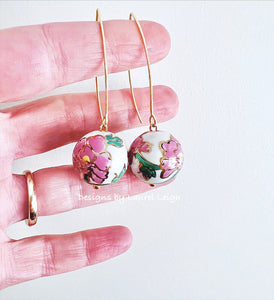 Pink & Green Peony Wire Drop Earrings - Chinoiserie jewelry
