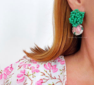 Pink & Green Peony Drop Earrings - Chinoiserie jewelry