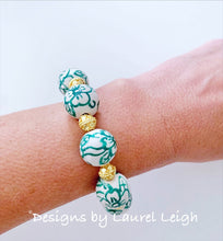 Load image into Gallery viewer, Green &amp; Gold Floral Chinoiserie Bracelet - Chinoiserie jewelry