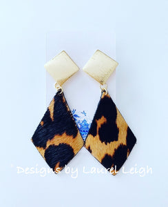 Leather Leopard Print Statement Earrings - Diamond Shape w/ Posts - Ginger jar