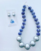 Load image into Gallery viewer, Blue and White Chinoiserie with Jumbo Pearl Chunky Statement Necklace - Silver - Designs by Laurel Leigh