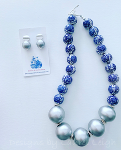 Blue and White Chinoiserie with Jumbo Pearl Chunky Statement Necklace - Silver - Designs by Laurel Leigh