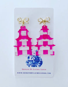 Chinoiserie Pagoda Bow Post Earrings (Small) - Blue Willow, Pink Willow & Gingham - Ginger jar