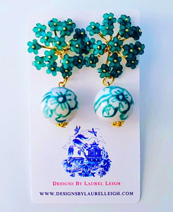 Green Floral Chinoiserie Hydrangea Drop Earrings - Chinoiserie jewelry
