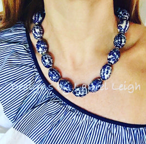 Chinoiserie Blue & White Oval Bead Necklace - Chinoiserie jewelry