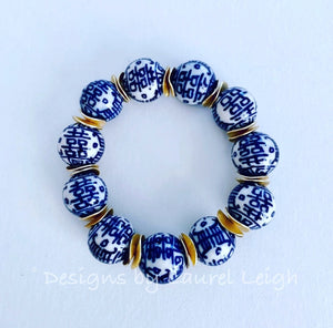 Chunky Blue and White Chinoiserie Double Happiness Bead Statement Bracelet - Ginger jar