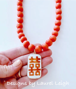Orange & White Chinoiserie Double Happiness Pendant Statement Necklace - Ginger jar
