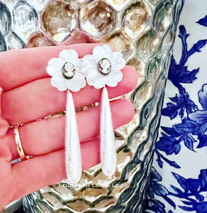 White & Silver Cameo Floral Drop Earrings - Chinoiserie jewelry