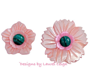 Pink Pearl & Green Malachite Floral Studs - 2 Sizes - Chinoiserie jewelry