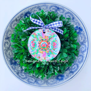 Rose Medallion Plate Acrylic Christmas Ornament - 2.75” Watercolor Design - Pick Ribbon - Ginger jar