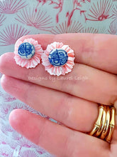 Load image into Gallery viewer, Chinoiserie Floral Pink Pearl Stud Earrings - Chinoiserie jewelry