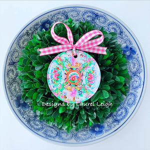 Rose Medallion Plate Acrylic Christmas Ornament - 2.75” Watercolor Design - Pick Ribbon - Ginger jar