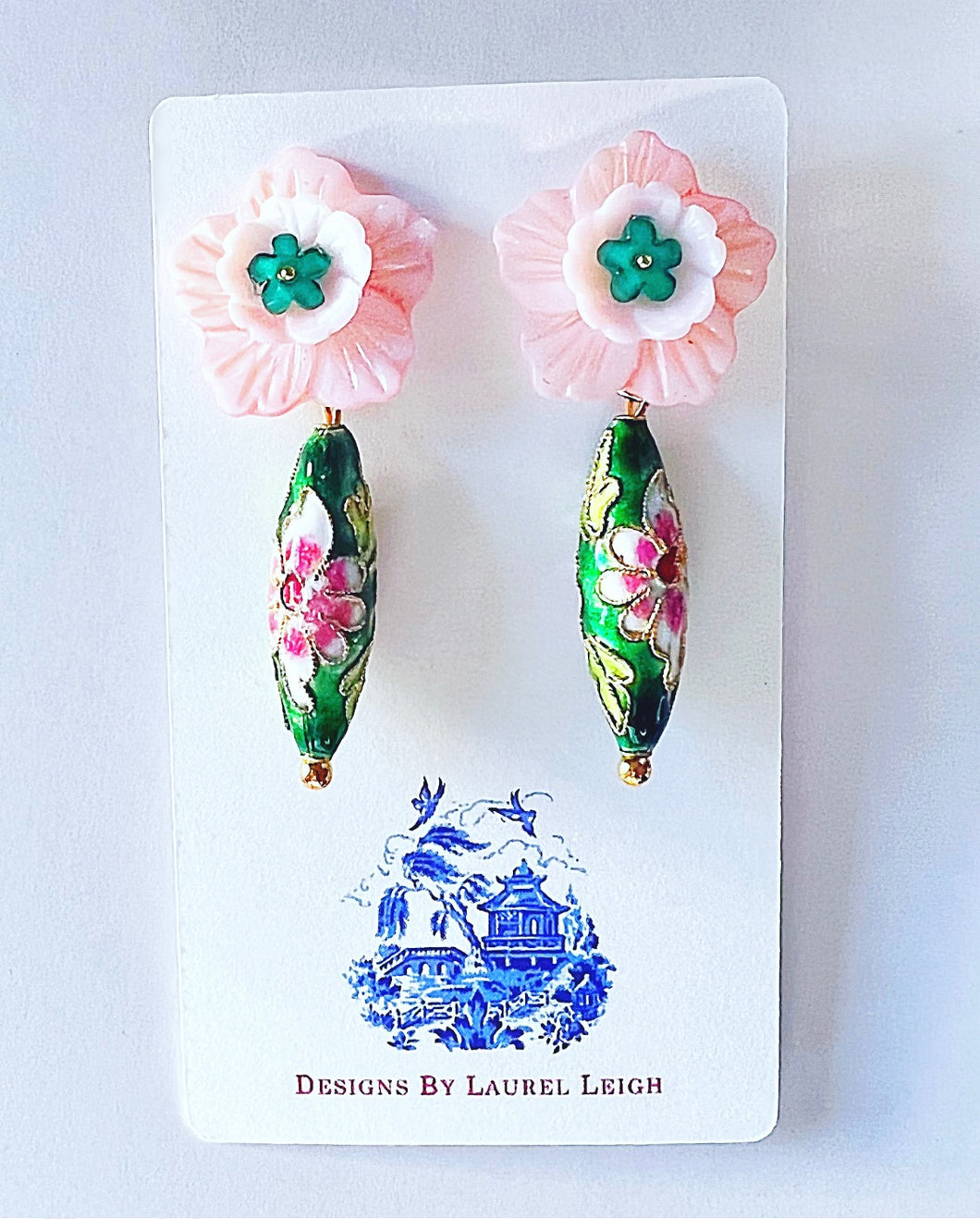Cloisonné Floral Drop Earrings - Pink & Green - Chinoiserie jewelry