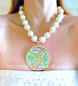 Rose Medallion Chinoiserie Pendant Necklace - Chunky Pearls - Ginger jar