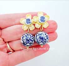 Load image into Gallery viewer, Blue, White &amp; Yellow Petite Fleur Drop Earrings - Chinoiserie jewelry