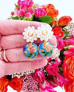 Cloisonné Pearl Daisy Cameo Earrings - Chinoiserie jewelry
