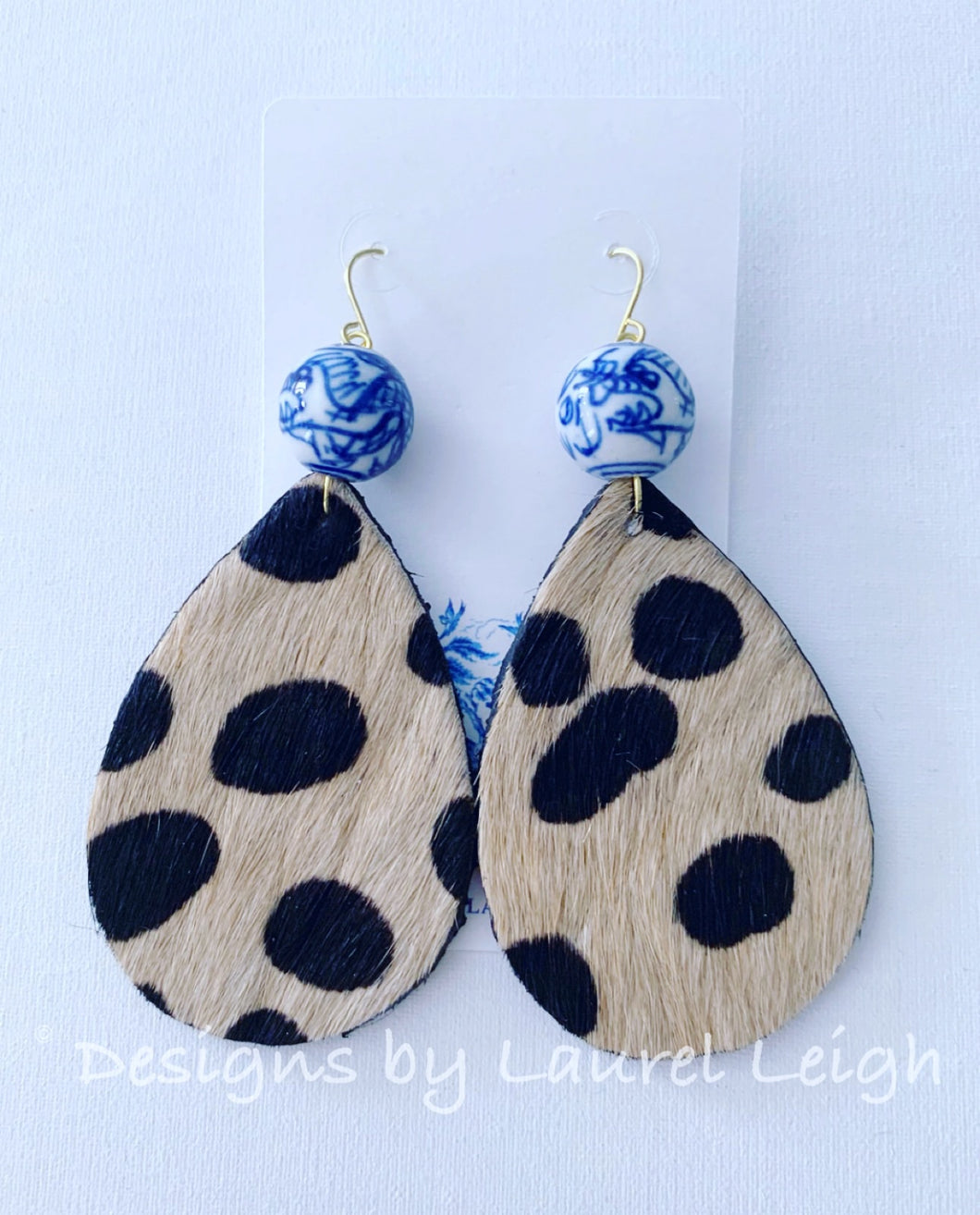Chinoiserie Leather Cheetah Print Statement Earrings - Designs by Laurel Leigh