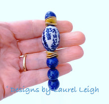 Load image into Gallery viewer, Blue and White Chinoiserie Floral Calligraphy Bead Statement Bracelet - Lapis Lazuli Gemstones - Designs by Laurel Leigh