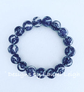 Blue and White Chinoiserie Beaded Bracelet - Chinese Symbol Pattern - Designs by Laurel Leigh