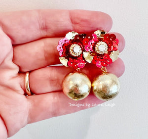 Gold Sequin Floral Drop Earrings - Chinoiserie jewelry